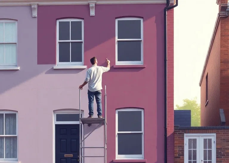 Peintre sur échafaudage traitant la façade d'une maison