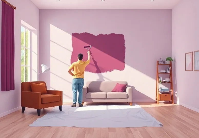 Peintre appliquant la peinture au rouleau sur un mur de salon